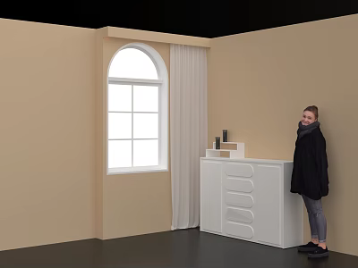 Person In Black Coat Standing By White Cabinet With Arched Window And Beige Walls 3d model