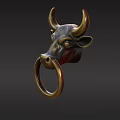 Ornate Bull Head Shaped Brass Door Handle With Decorative Ring Design