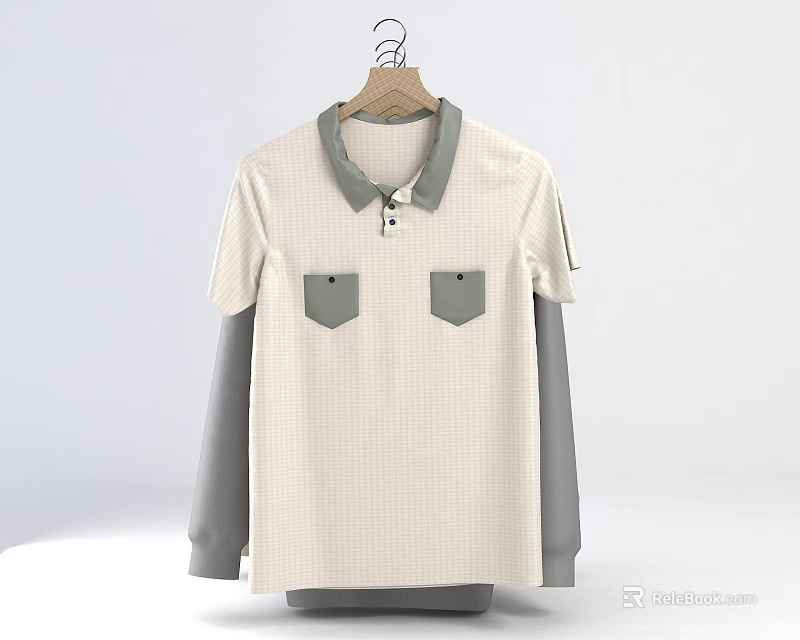 Stylish Clothes Hanger Holding Beige Polo Shirt With Gray Long Sleeves And Two Pockets 3d model 