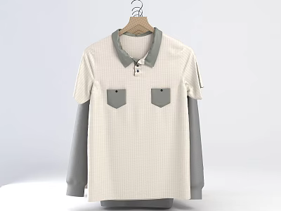 Stylish Clothes Hanger Holding Beige Polo Shirt With Gray Long Sleeves And Two Pockets 3d model