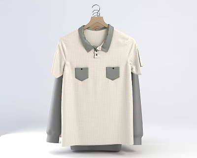 Stylish Clothes Hanger Holding Beige Polo Shirt With Gray Long Sleeves And Two Pockets 3d model