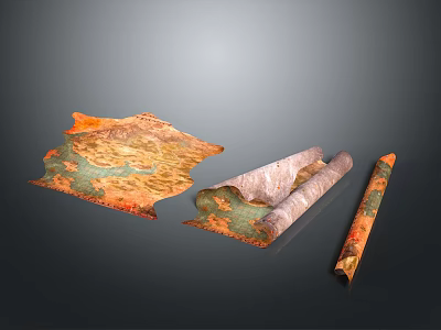 Vintage Scenic Maps with Orange Green Terrain Rolled and Unfolded Designs on Gray Background 3d model