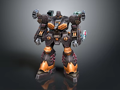 Detailed Cybernetic Robot Warrior With Orange Black Armor And Mechanical Limbs 3d model