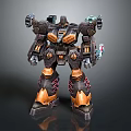 Detailed Cybernetic Robot Warrior With Orange Black Armor And Mechanical Limbs