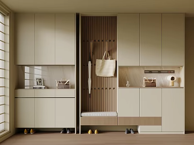 Modern Shoe Cabinet Interior Design With Storage Bench And Hanger Hooks 3d model