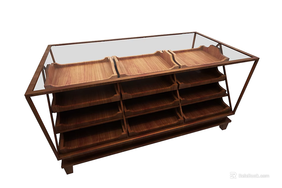 Wooden Display Shelf with Glass Top and Multiple Divided Compartments Sturdy Structure 3d model