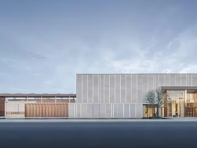 Modern Sales Office Building Exterior With Metal Panels Glass Entrance And Tree 3d model