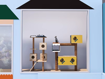 Multi Level Cat Tree Furniture With Yellow Cat Houses Brown Stands And Hanging Toys 3d model