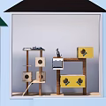Multi Level Cat Tree Furniture With Yellow Cat Houses Brown Stands And Hanging Toys
