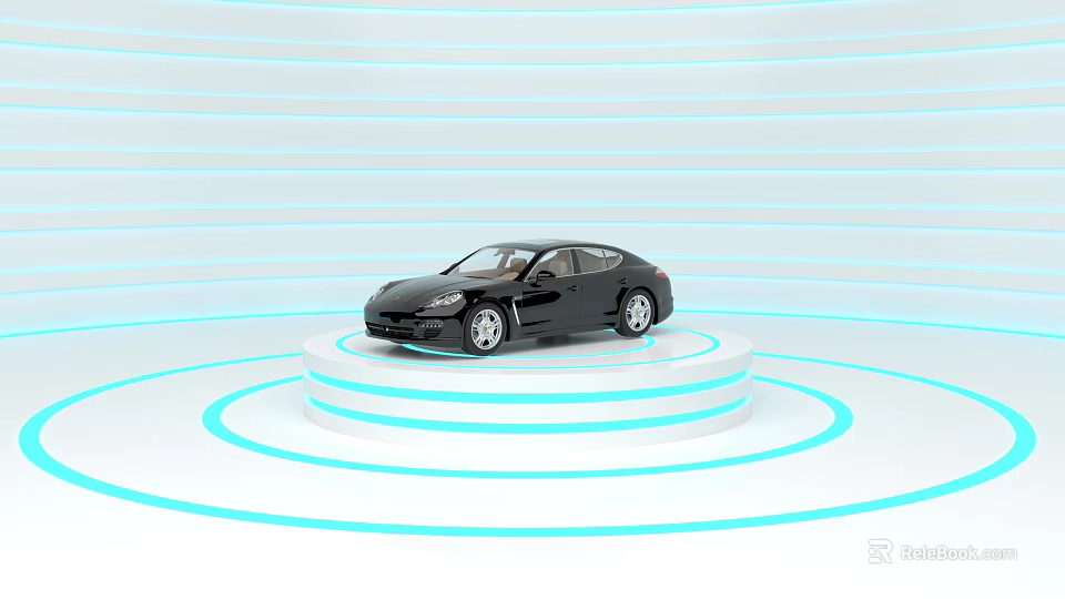 Black Sports Car Showcased On White Circular Platform With Light Blue Rings 3d model 