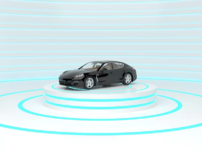 Black Sports Car Showcased On White Circular Platform With Light Blue Rings 3d model