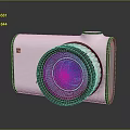 Digital Camera Featuring White Striped Body And Prominent Purple Lens Design