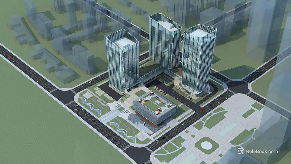 Aerial Planning for Urban Development With Three High Rise Buildings And Landscaped Areas 3d model 