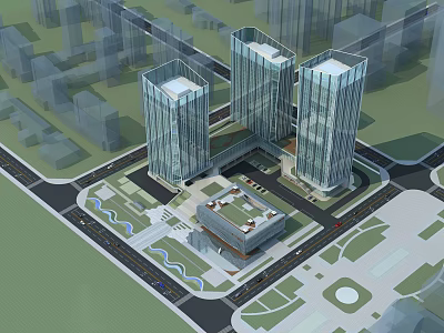 Aerial Planning for Urban Development With Three High Rise Buildings And Landscaped Areas 3d model