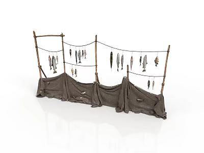 Traditional Fish Drying Rack With Wooden Poles Hanging Fish And Canvas Covers 3d model