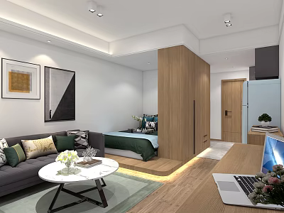 Modern Hotel Guest Room Interior With Sofa Bed Coffee Table Laptop And Artwork 3d model