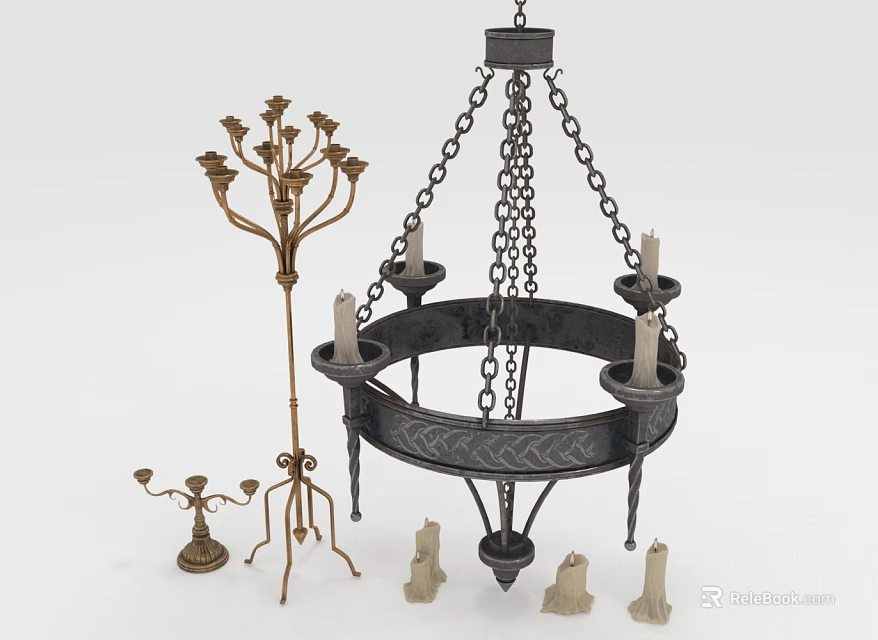 Vintage Lighting Combinations With Circular Metal Chandelier Multi Arm Floor Lamp And Small Candle Holders 3d model 