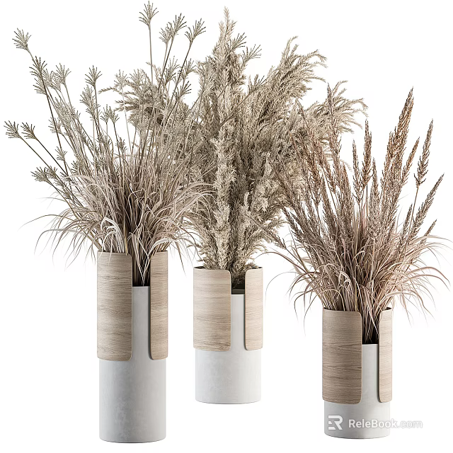 Cylindrical White Vases With Wooden Accents Holding Dried Pampas Grass In Neutral Tones 3d model 