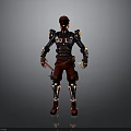 Futuristic Character With Red Helmet And Black Red Mechanical Armor Holding Weapons