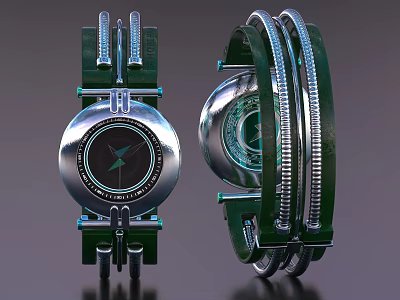Futuristic Modern Clock Design With Circular Dial Green Frame And Metallic Mechanical Details 3d model