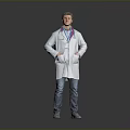 A Man Wearing White Lab Coat With Stethoscope ID Badge Jeans And Gray Shoes