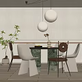 Modern Restaurant Interior With Marble Dining Table Unique Chairs Round Pendant Lights And Green Plant