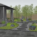 Serene Courtyard Garden With Black Pavilion Green Plants Stone Path Rocks And Lanterns