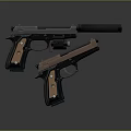 Two Modern Pistol Weapons With Black Metal Frame And Wooden Grip Details