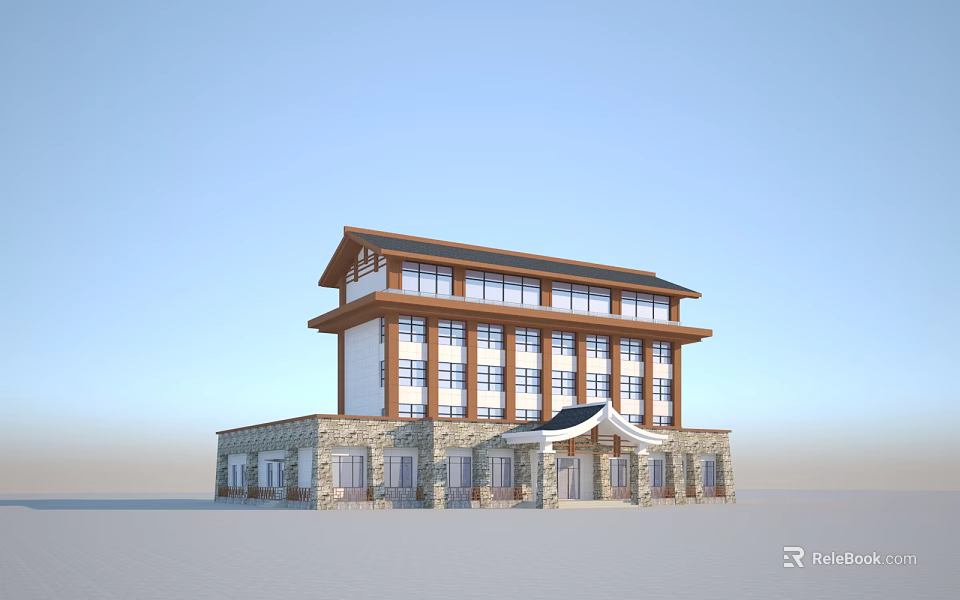Two Story Traditional Style Office Building With Stone Walls Large Windows And Classic Roof Design 3d model 