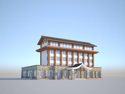 Two Story Traditional Style Office Building With Stone Walls Large Windows And Classic Roof Design 3d model