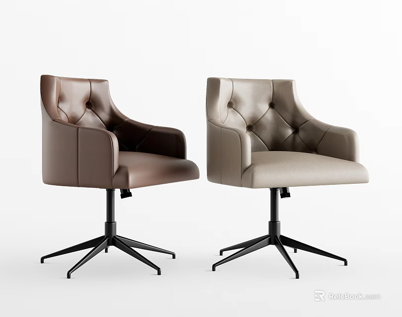 Two Brown and Beige Leather Office Chairs with Tufted Backrests Armrests Black Five-star Bases 3d model 