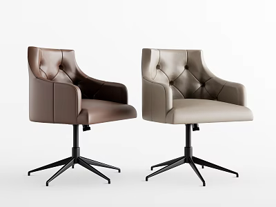 Two Brown and Beige Leather Office Chairs with Tufted Backrests Armrests Black Five-star Bases 3d model