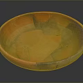 Ancient Ceramic Bowl Sculpture with Orange and Black Patterns Handcrafted Carving Details