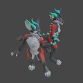 Cartoon Anthropomorphic Game Film Character with Gray Body Red Tail Green Ears and White Paws