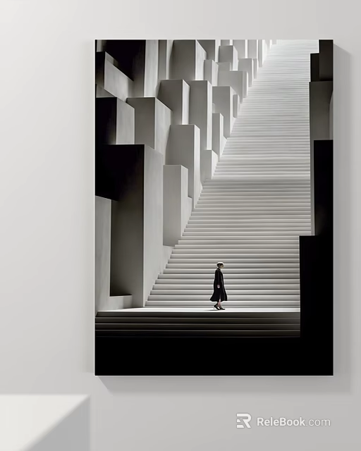 Black and White Modern Architectural Landscape Painting With Long Staircase Geometric Structures And Person Walking 3d model 