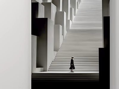 Black and White Modern Architectural Landscape Painting With Long Staircase Geometric Structures And Person Walking 3d model