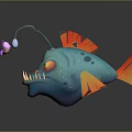 Teal angler fish featuring red fins sharp teeth and bioluminescent lure near purple pink fish