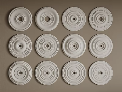 Multiple White Circular Ceiling Medallions Arranged On Gray Wall Decorative Design 3d model