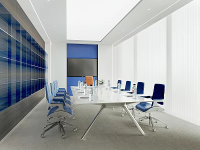 Modern Conference Room With White Table Blue Chairs Blue Accent Wall And White Blinds 3d model