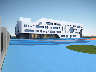 Modern White School Building With Irregular Circular And Rectangular Windows Blue Playground And Green Lawn 3d model