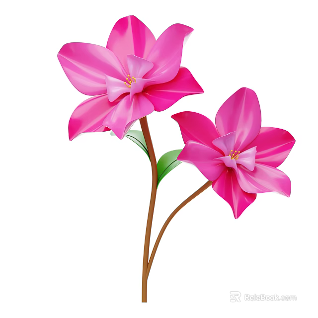Beautiful Pink Flowers with Two Vibrant Blooms Green Leaves and Brown Stems on White Background 3d model 