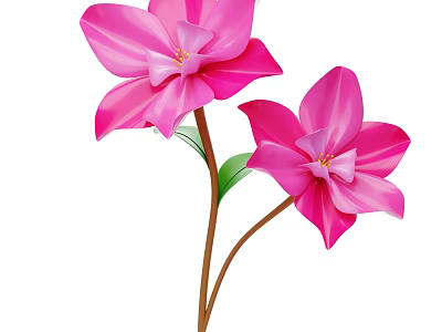 Beautiful Pink Flowers with Two Vibrant Blooms Green Leaves and Brown Stems on White Background 3d model