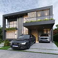 Modern Detached Villa Exterior With Stone Wall Large Glass Windows Balcony And Green Plants