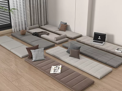 Cozy Tatami Room Interior With Multiple Mats Laptop Magazines Plant And Curtains 3d model