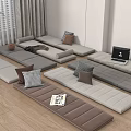 Cozy Tatami Room Interior With Multiple Mats Laptop Magazines Plant And Curtains