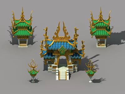 Traditional Chinese Architecture with Golden Decorations Green Blue Roofs Symmetrical Structures and Lantern like Elements 3d model
