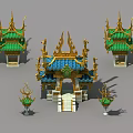 Traditional Chinese Architecture with Golden Decorations Green Blue Roofs Symmetrical Structures and Lantern like Elements