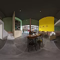 Bright Two Story Restaurant Interior With Yellow Green Walls Dining Tables And Bar Counter