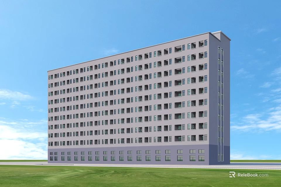 Modern Multi storey Residential Building With Numerous Windows Green Lawn Under Clear Blue Sky 3d model 