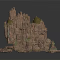 Craggy Rocky Mountain Scene Structure With Layered Cliffs And Miniature Building